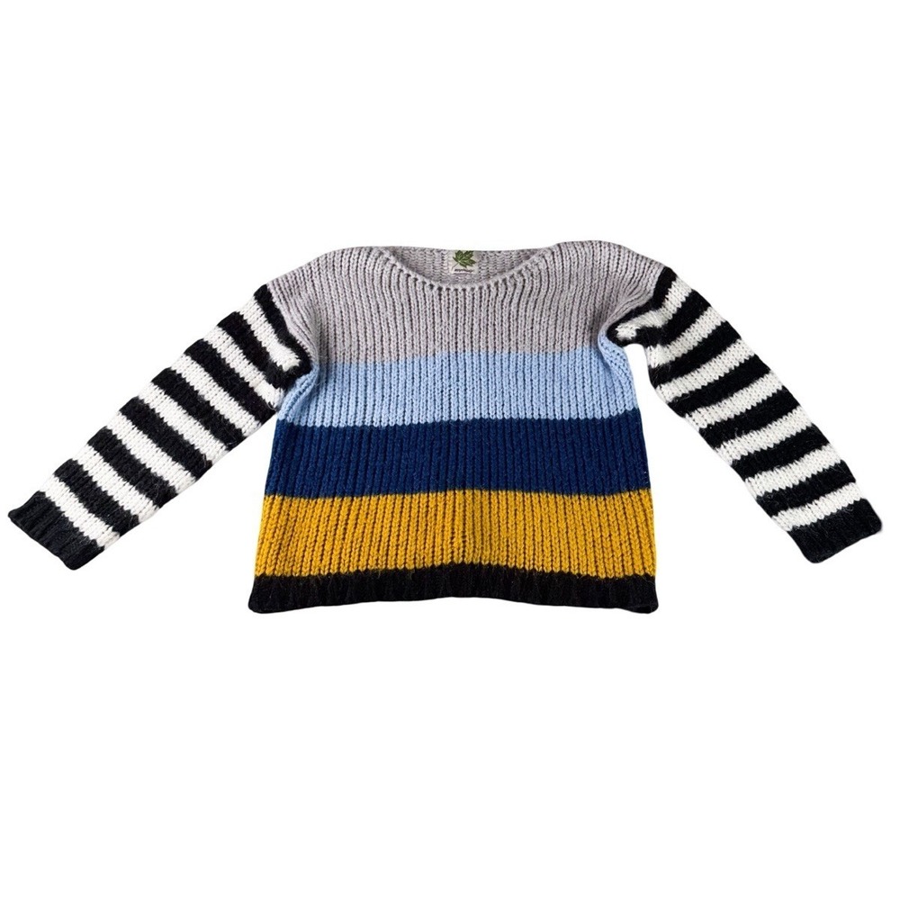 Maple Sage Chunky Knit Colorblock Sweater Striped Sleeve Mustard Blue Small Cozy